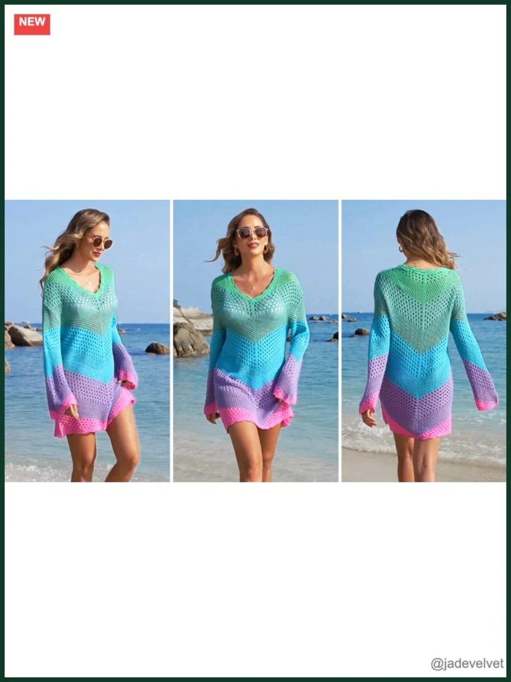 Crochet Mesh Knit Long Sleeve V-Neck Mini Dress Cover Up for Beach
